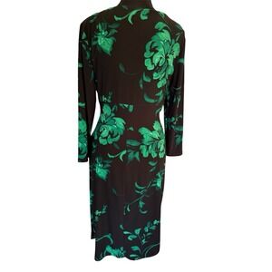 Lauren Ralph Lauren Ruched Faux Wrap Dress Stretch Floral Green Black Midi